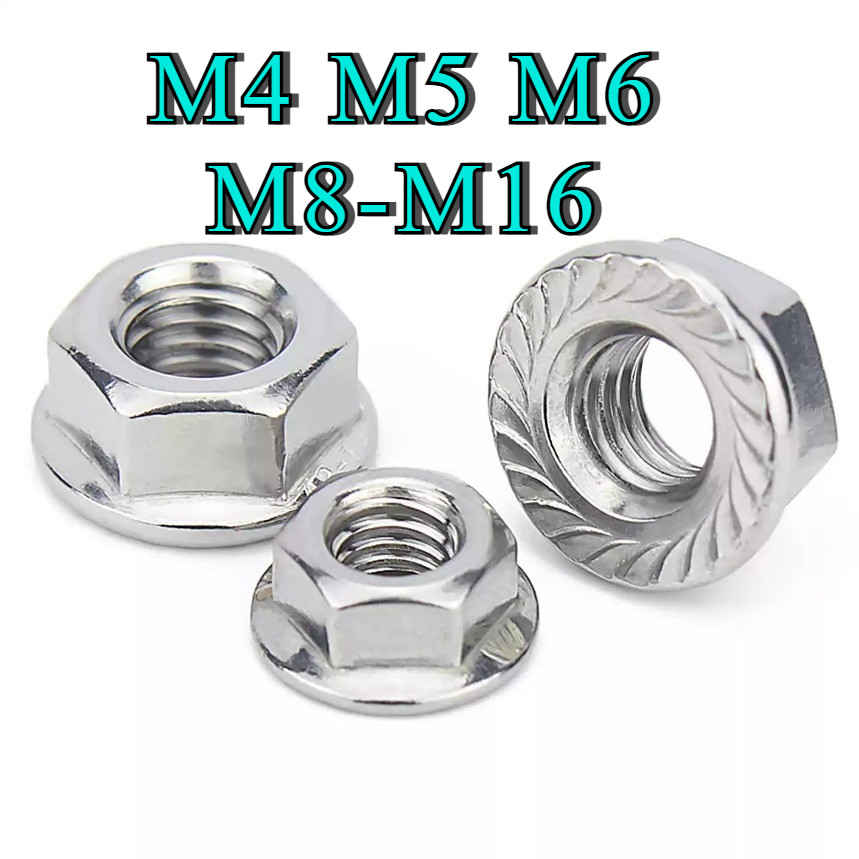 หัวน็อต ตัวเมีย ติดแหวน สแตนเลส 316 เกลียวมิล หยาบ M4 M5 M6 M8 M10 M12 M14 M16 DIN6923 Hexagon Flange Nut Serration SUS316 [DL]