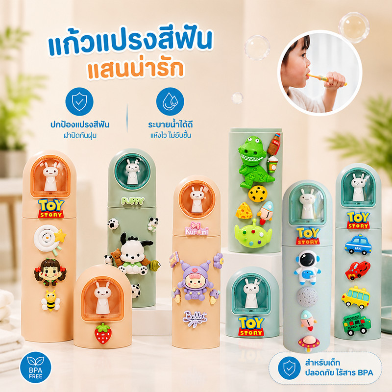 แก้วใส่แปรงสีฟันเด็ก กล่องใส่แปรงสีฟัน ถ้วยบ้วนปากพกพาสำหรับเด็ก มีแปรงสีฟันและกล่องเก็บยาสีฟัน