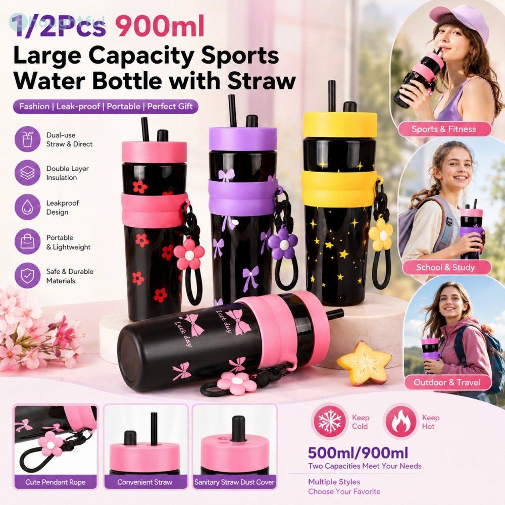 1/2 ชิ้น ขวดน้ำกีฬาขนาดใหญ่ 900 มล. พร้อมหลอดดูด ดีไซน์ทันสมัย ป้องกันการรั่วซึม พกพาสะดวก TH