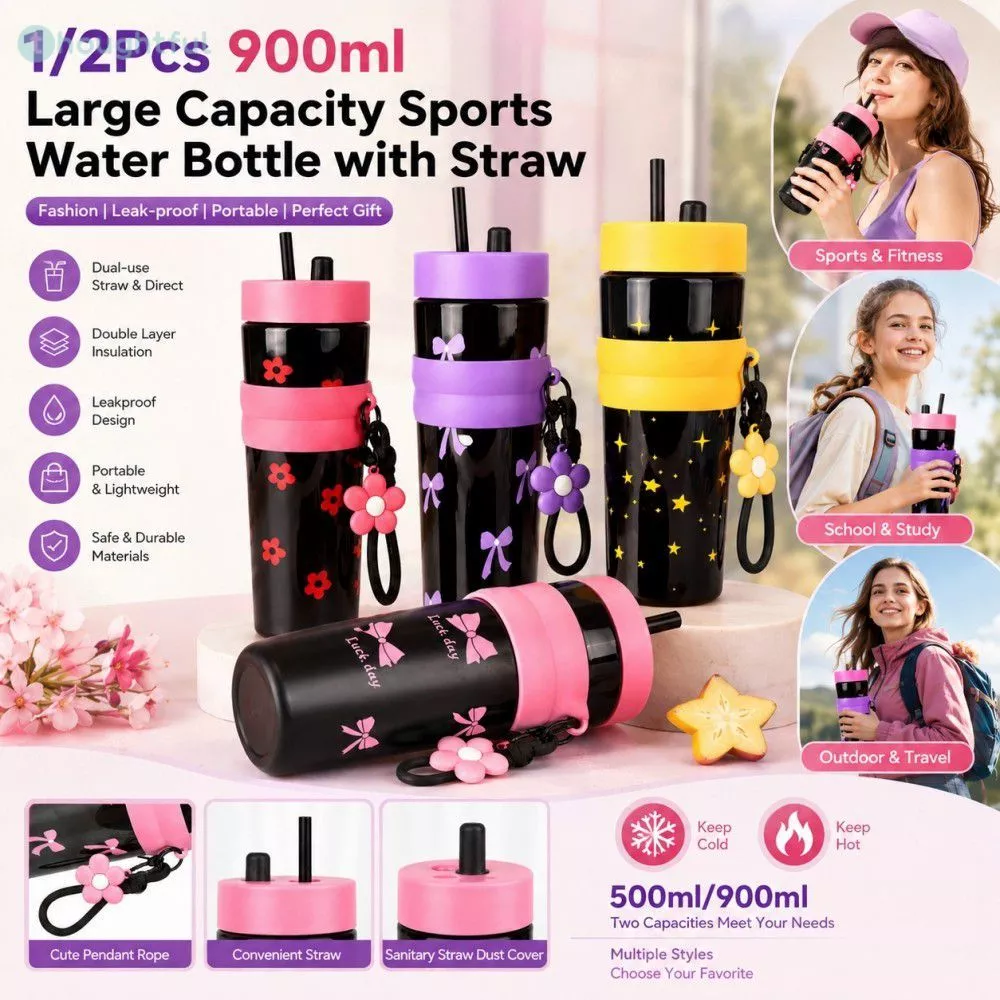 1-2 ชิ้น ขวดน้ำกีฬาสีสันโดปามีนขนาดใหญ่ 900 มล. ดื่มได้สองทาง พร้อมหลอดดูด ดีไซน์ทันสมัย ป้องกันการรั่วซึม พกพาสะดวก