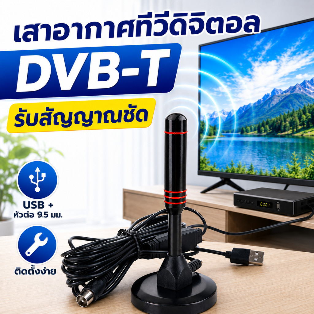 เสาอากาศทีวีดิจิตอล DVB-T USB+9.5มม. และเสาไวไฟ USB รับสัญญาณชัด ใช้กับทีวี กล่องดิจิตอล คอมพิวเตอร์ ในบ้าน ใช้งานง่าย