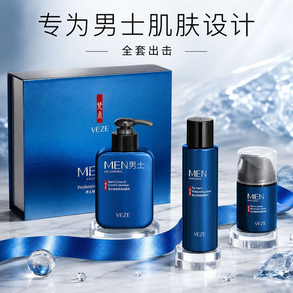 Fanzhen Mens Facial Cleanser Set Refreshing Oil Control Moisturizing Facial Cream Cleanser Toner Ski