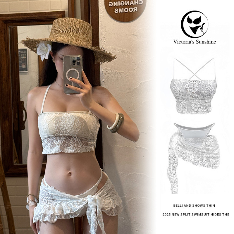 ชุดว่ายน้ำ bikini 3 ชิ้น ชุดว่ายน้ำสตรีตวันสุดสัปดาห์ sexy ผ้าลูกไม้สีขาว พร้อมกระโปรงซีทรู สไตล์เกาหลี#1029