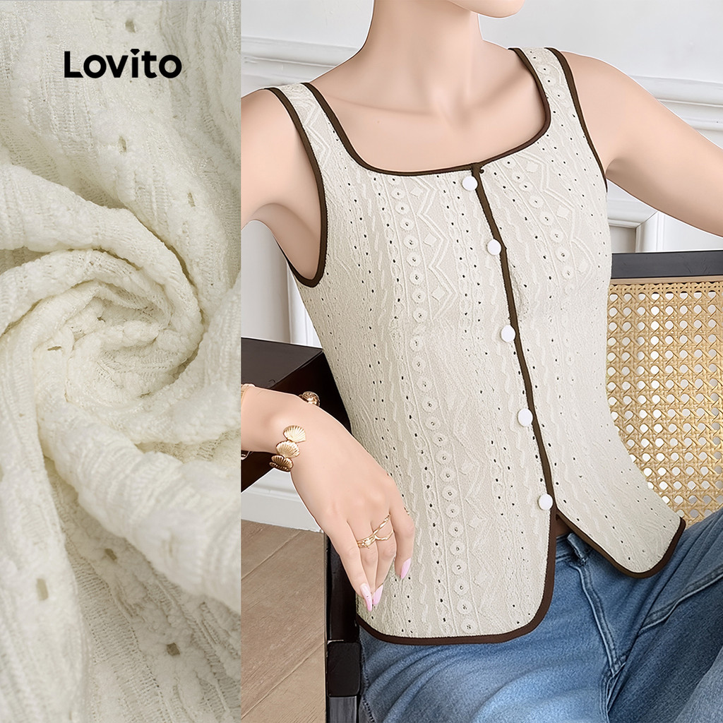 Lovito เสื้อเบลาส์ลําลองผ้าแจ็คการ์ดสีตัดกันสําหรับผู้หญิง สีแอปริคอต เหมาะสําหรับฤดูใบไม้ผลิและฤดูร