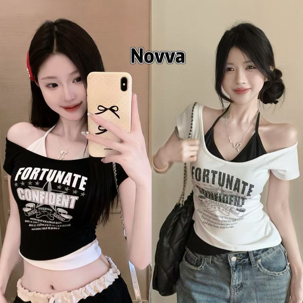 Novva ส่งไวจากไทย เสื้อยืดผู้หญิง แขนสั้น พิมพ์ตัวอักษร ดีไซน์สองชั้น เซ็กซี่มาก 2สี