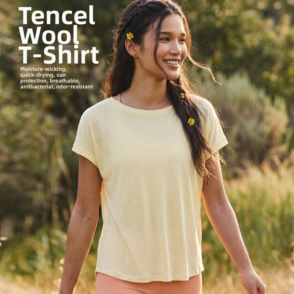 Lyocell Merino Wool Quick-Drying เสื้อยืดแขนสั้นผู้หญิงกีฬาวิ่งเดินป่า Breathable Outdoor Top