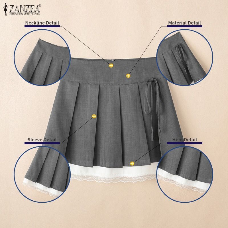 ZANZEA ผู้หญิงเกาหลีหวานวิทยาลัยสไตล์เอวสูง Tie-Up Bows จีบลูกไม้ Splicing A-Line Oversirt — صورة 7