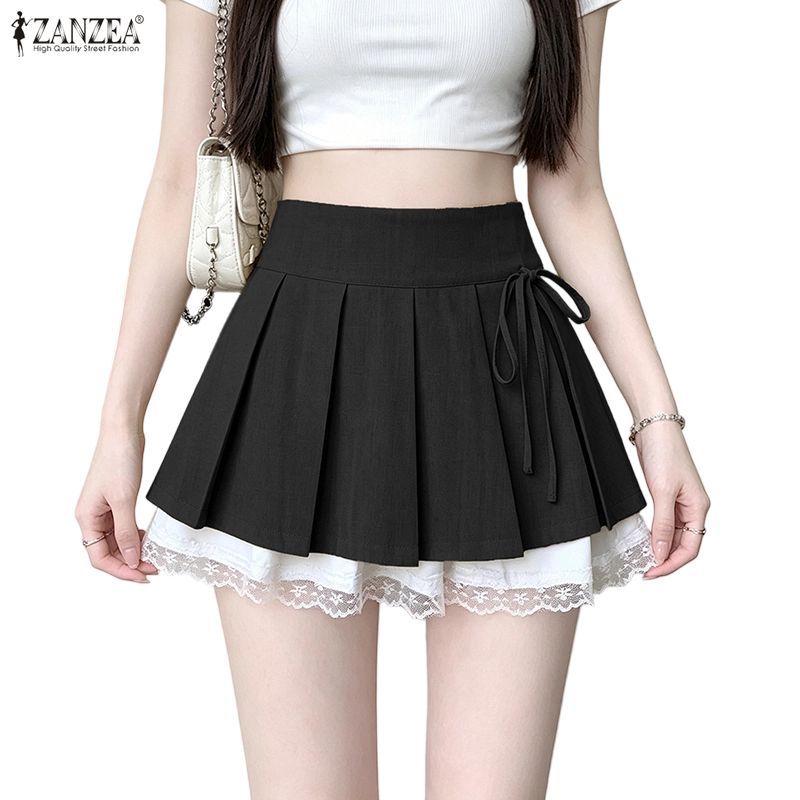 ZANZEA ผู้หญิงเกาหลีหวานวิทยาลัยสไตล์เอวสูง Tie-Up Bows จีบลูกไม้ Splicing A-Line Oversirt — صورة 6