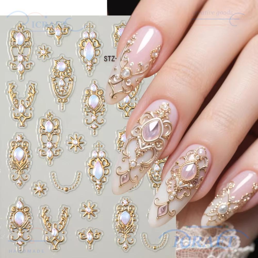 ICRAFT สติ๊กเกอร์แต่งเล็บ 5D, เงา Retro Baroque Scepter Nail Art Decals, สไตล์หรูหราศาลมงกุฎสร้อยคอเลียนแบบอัญมณีเล็บ Decals เครื่องประดับ