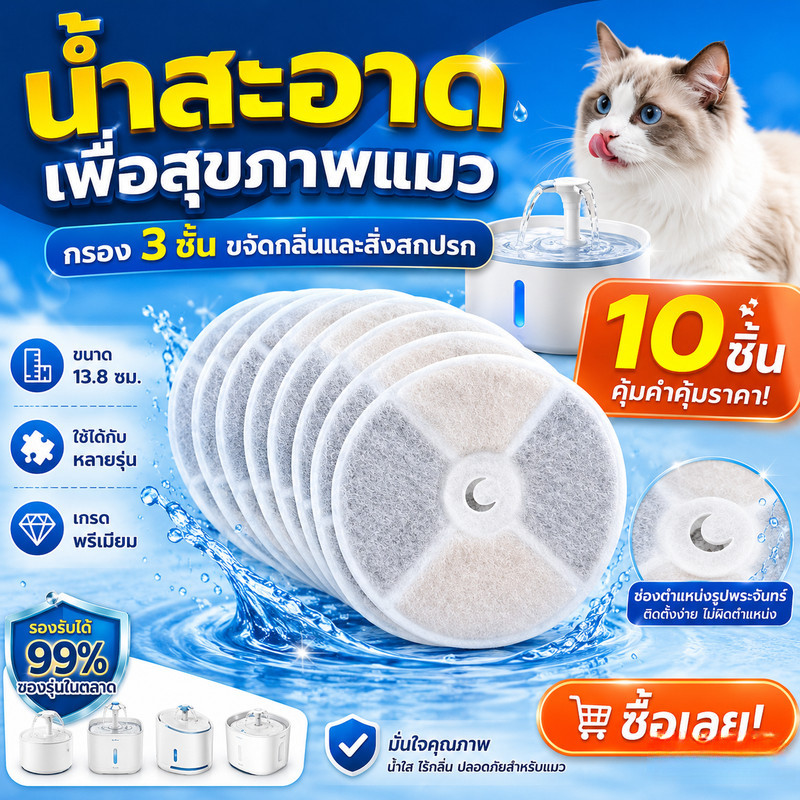 ไส้กรองน้ำพุแมว ขนาดเส้นผ่านศูนย์กลาง 13.8-14 ซม ถ่านกัมมันต์มะพร้าว - อุปกรณ์เปลี่ยนแทน สำหรับเครื่องให้น้ำสัตว์เลี้ยง
