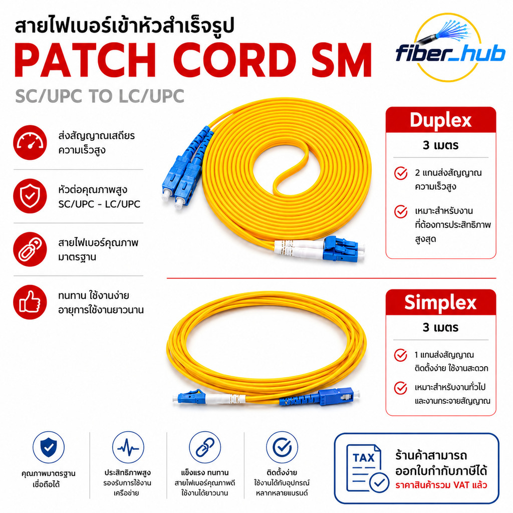 Patch Cord SM SC/UPC-LC/UPC สายไฟเบอร์สำเร็จรูป Simplex Duplex Single Mode สายเหลือง 3M 5M