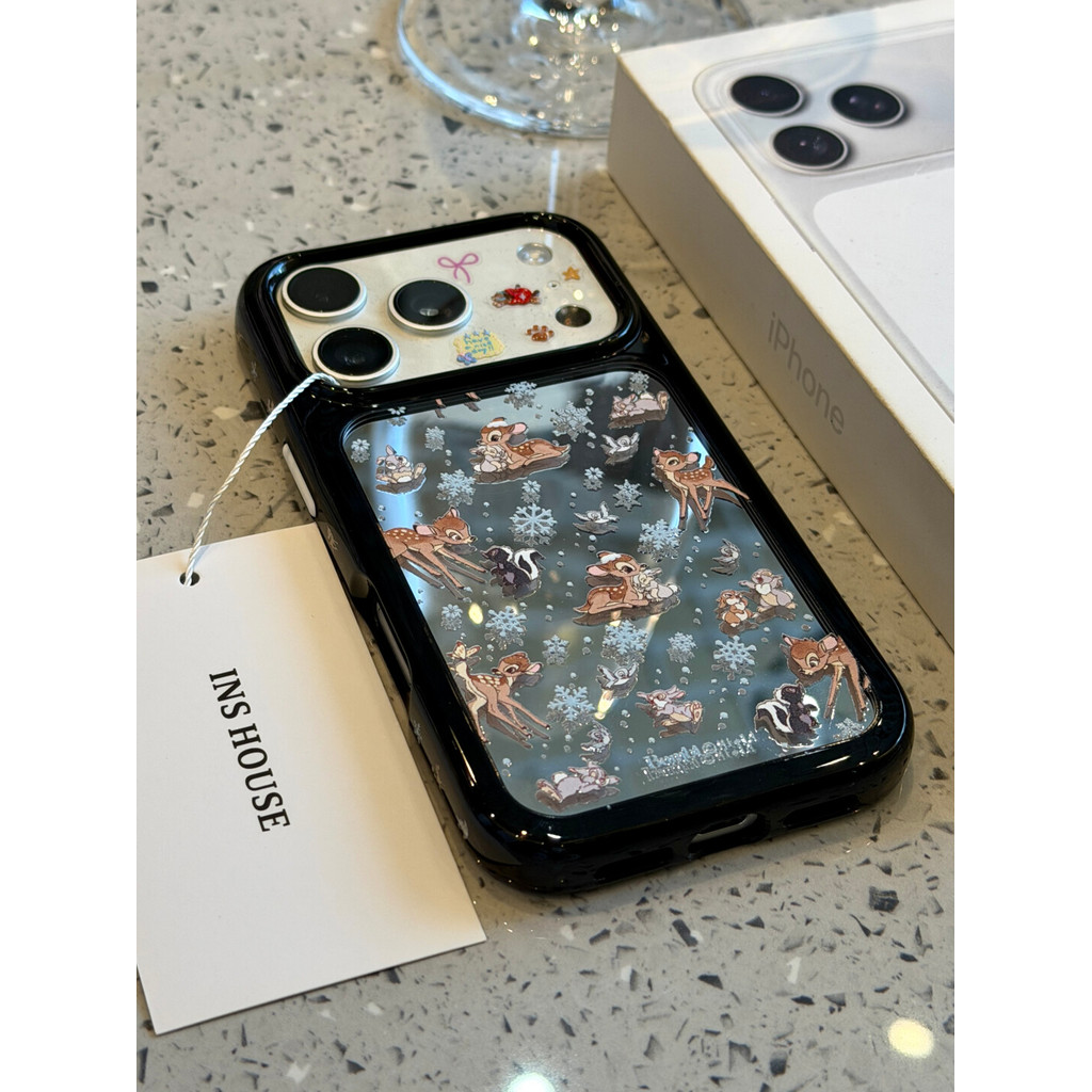 เคสโทรศัพท์กรอบสีดําเกล็ดหิมะกระต่ายกวางกันกระแทกสไตล์น่ารักสําหรับiPhone 17 Pro Max 16 Pro Max 15 Pro Max 14 Pro Max