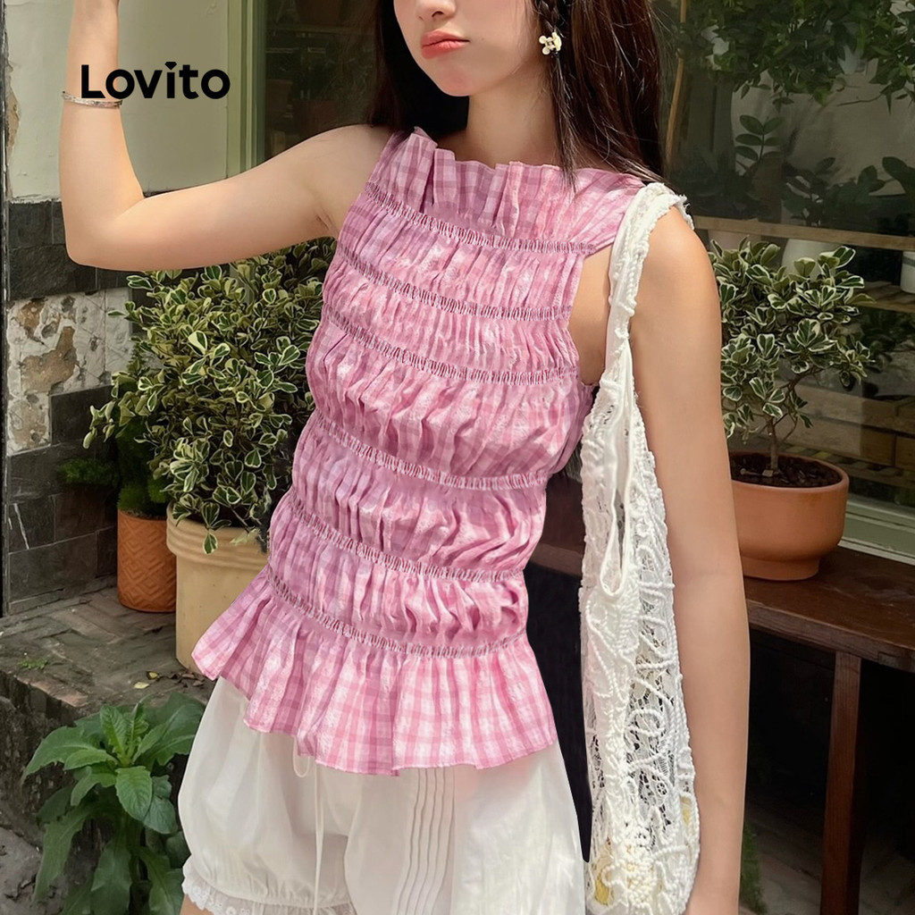 (วันหยุด) Lovito เสื้อกล้ามสม็อคลายตารางน่ารักสําหรับผู้หญิง เกาหลี อินเทรนด์ L125AD139