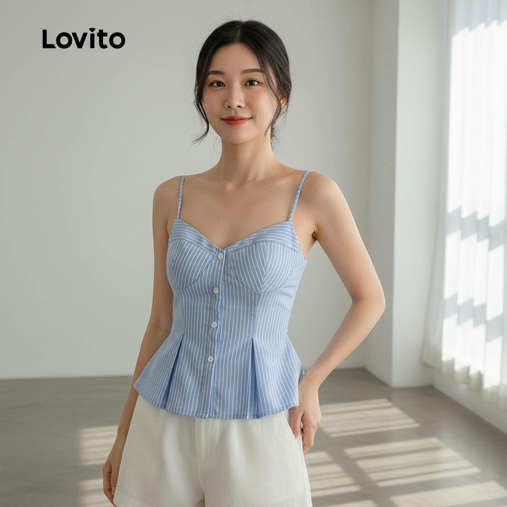 Lovito เสื้อสายเดี่ยวเปิดคอแบบพับลายริ้ว สําหรับฤดูร้อน สีน้ําเงิน L144AD031