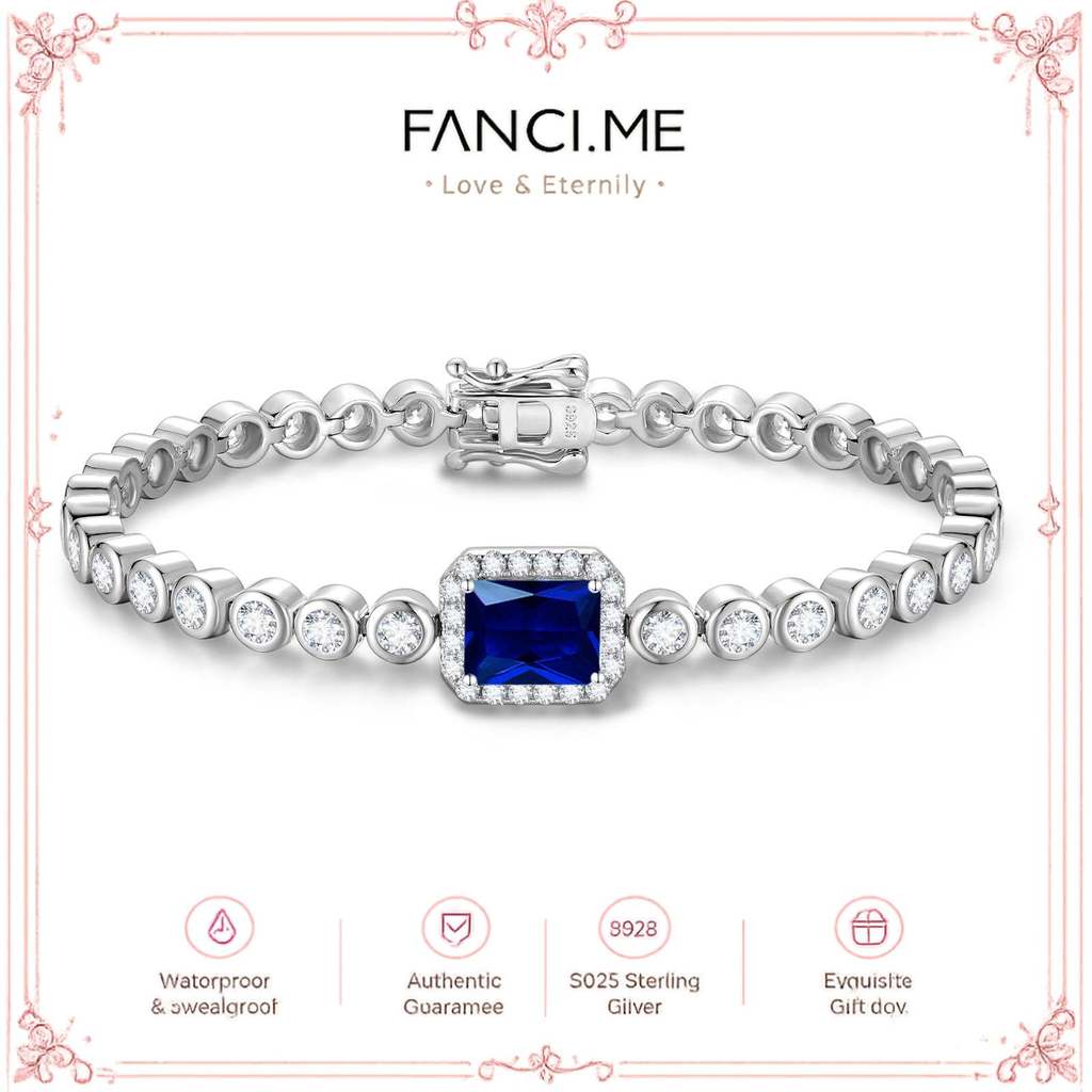FANCIME "Axis" Radiant Cut กันยายน Birthstone Sapphire สร้อยข้อมือเทนนิสเงินสเตอร์ลิง