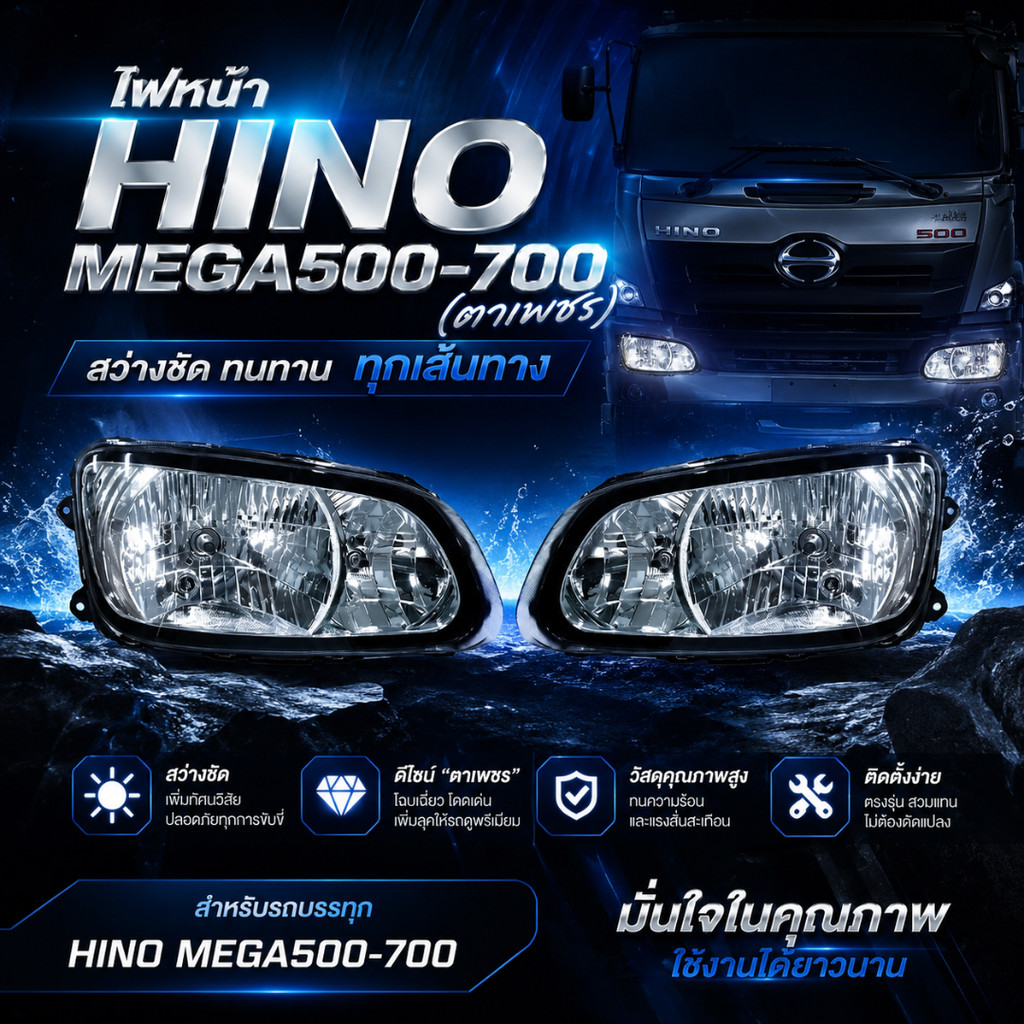 ไฟหน้า HINO MEGA500 MEGA700 (รุ่นตาเพชร) ฮีโน่ เมก้า สินค้ามีตัวเลือก ซ้าย ขวา