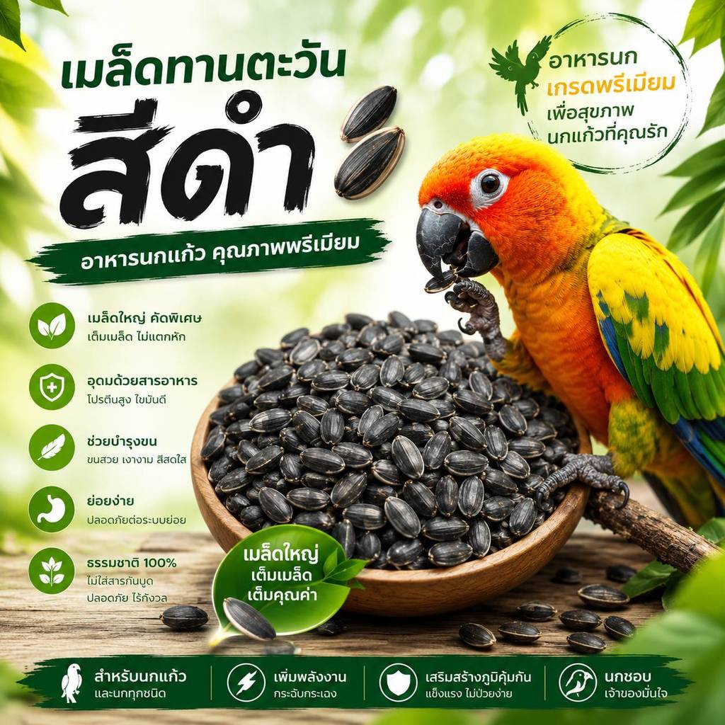 parrot.thailand เมล็ดทานตะวันดำเกรดเอ อาหารนกแก้ว วิตามินสูง บำรุงขนสวยเงางาม ย่อยง่าย ปลอดภัย 100%