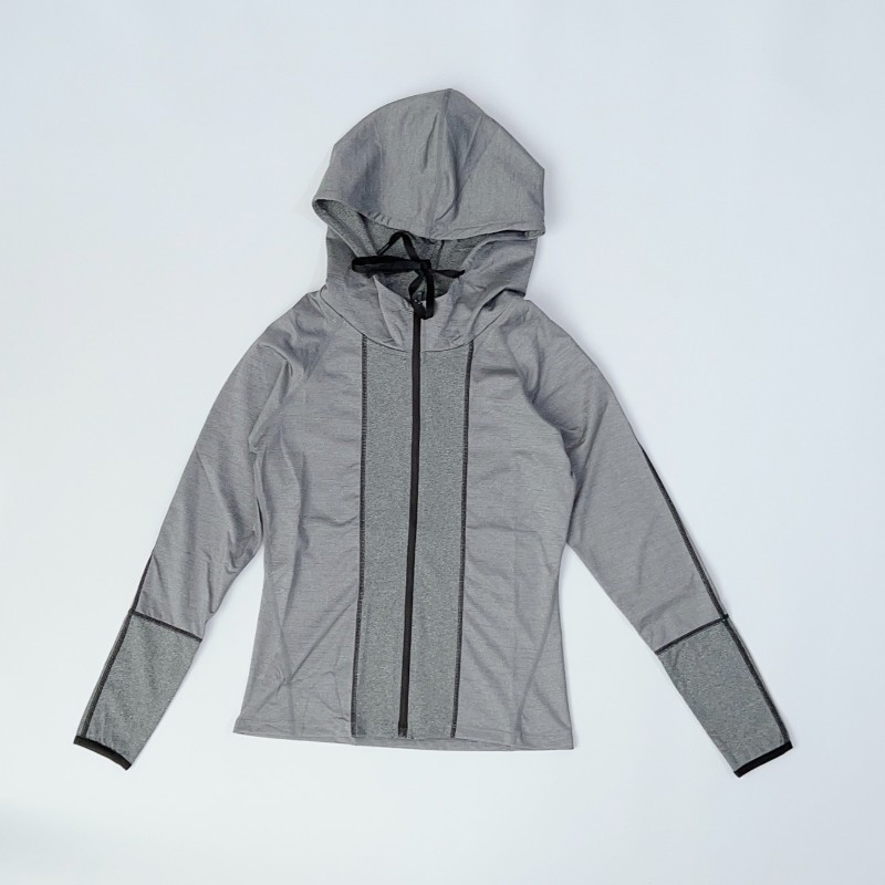 DDD ด้านในเดี่ยวสุภาพสตรีแขนยาวโยคะเสื้อกีฬาคอปกสูง Slimmer ดูยืด Skinny Fitness Sweatshirt Hooded ฤ