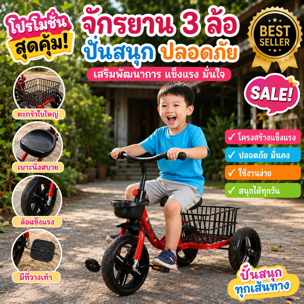 จักรยานสามล้อสำหรับเด็ก มีตะกร้าหน้า-หลัง เล่นเพลิน ทุกกิจกรรม จักรยานสามล้อสำหรับเด็กพร้อมตะกร้าหลัง