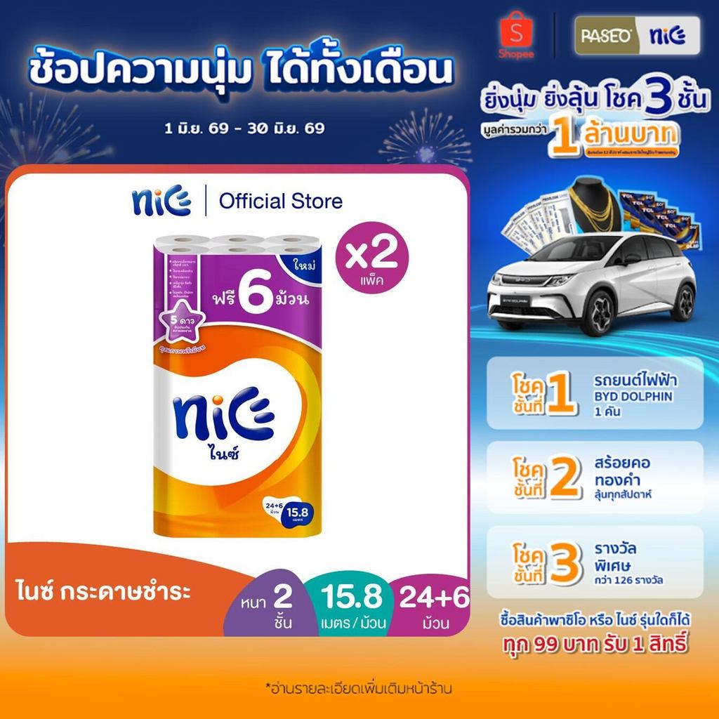 (2 แพ็ค 60 ม้วน) Nice ไนซ์ กระดาษชำระ ขนาด 24+6 ม้วน (15.8ม./ม้วน) (ทิชชู่ กระดาษทิชชู่ ทิชชู่ม้วนใหญ่) x 2