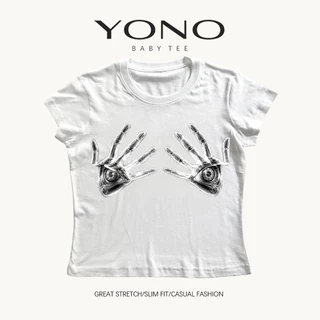 (พร้อมส่ง24ชม.) baby tee สีชมพู ลายมือดวงตาอาร์ต y2k สายดาร์ก ทรงเข้ารูป ใส่เท่เด่นไม่ซ้ำ