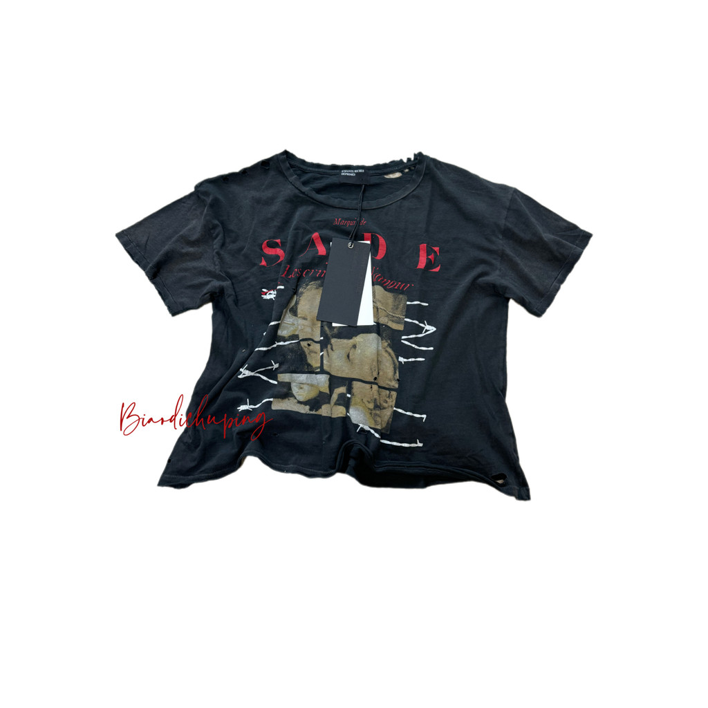 Cousin ผลิต ERD The Sin of Love SADE ล้างทําลาย Distressed รอบคอแขนสั้น Portrait พิมพ์สั้นรุ่นกว้าง