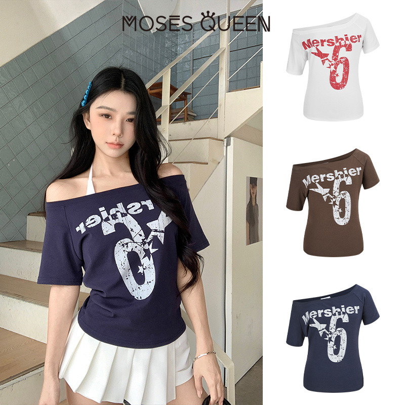 MOSESQUEEN เสื้อแขนสั้นแบบพิมพ์ตัวอักษรหนึ่งคำ สำหรับผู้หญิง สีหลายเฉด แนวรีโทร รูปแบบหลวมและสบาย เหมาะสำหรับการเดินทางประจำวัน และใส่ได้หลากหลาย #63502