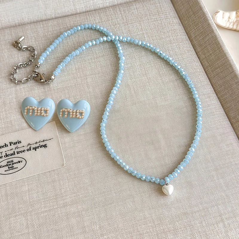 โชคเกอร์ดีไซน์สไตล์วันหยุดสีน้ําเงินชุดสร้อยคอและต่างหู Dopamine Collarbone สําหรับฤดูร้อน