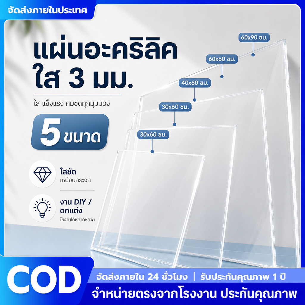 แผ่นอะคริลิค ขนาด30x60/40x60/60x60/60x90ซม. หนา3มม. แผ่นอะคริลิคใส สีใส แผ่นพลาสติกตัดแผ่น ใช้งานตกแต่งบ้าน