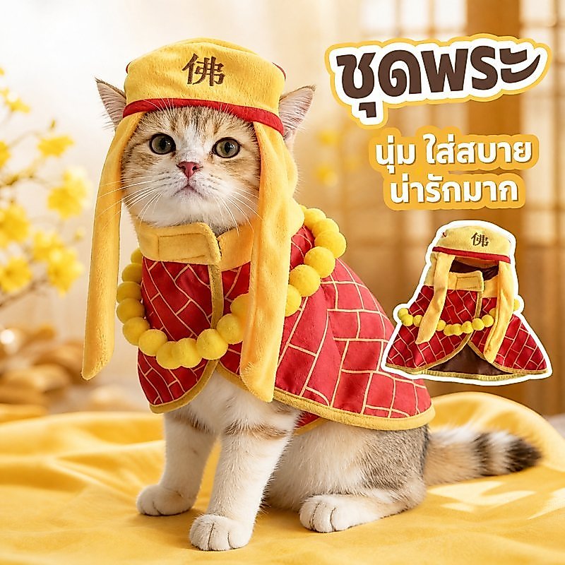 ชุดสัตว์เลี้ยง เสื้อหมา เสื้อแมว ชุดจีน หมวก3D นุ่ม เบา ปรับได้ ถ่ายรูป ตรุษจีน ปาร์ตี้