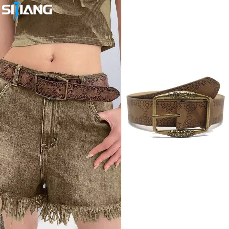 XIJIANG เข็มขัดผู้หญิงเข็มขัด Retro High-End สีน้ําตาล Denim เข็มขัดหนังอเนกประสงค์ชาติพันธุ์ Y2K อเ
