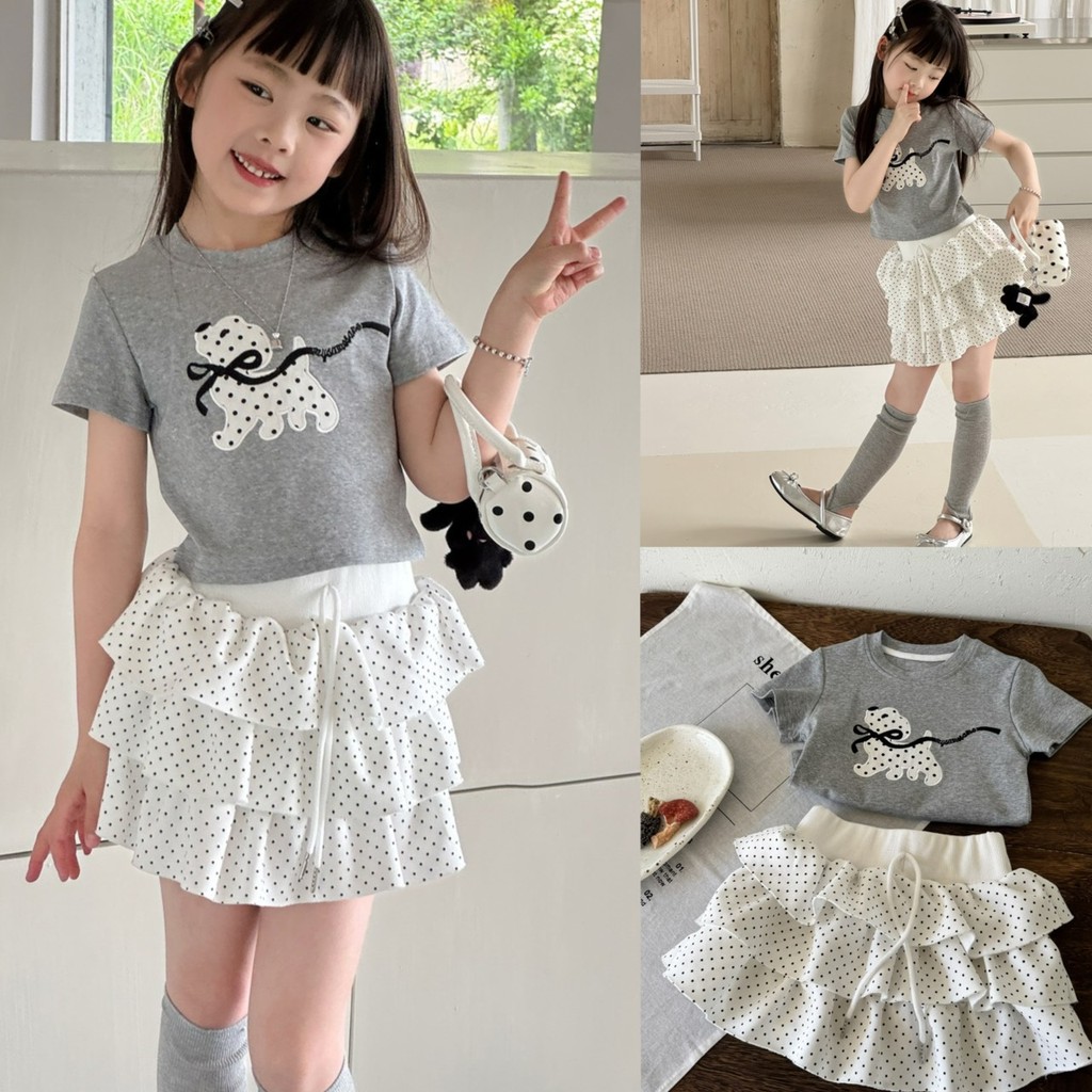 PRETTY BABY เสื้อเด็ก เสื้อยืดแขนยาว ลายการ์ตุน กระโปรงลายสก็อต มีซับกางเกง(2284)