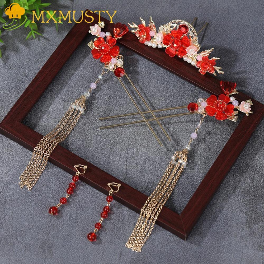 Mxmusty เจ้าสาว Headwear,พลาสติกงานแต่งงานผม Sticks, Vintage พู่ Tiaras สไตล์จีนต่างหู Hairpin ชุด Party