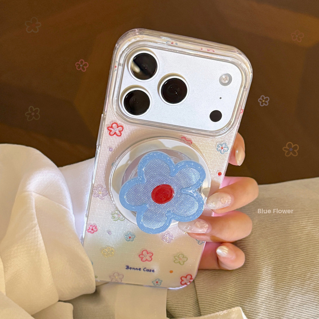 Ins สไตล์ดอกไม้สีฟ้า Apple 17pm เคสโทรศัพท์ iphone17 เหมาะสําหรับ 16 Glitter Magnetic Bracket 15 Fresh 13