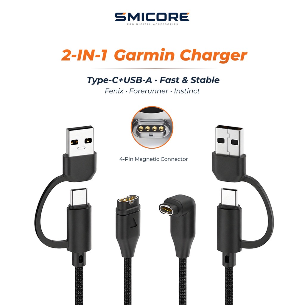 สายชาร์จ Garmin 2in1 Nylon USB Type-C หัวงอ 90° สำหรับ Fenix 8/7 Pro Forerunner 965/955/265 Venu 3 Instinct 2 ชาร์จเร็ว