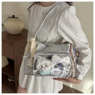กระเป๋าสานสะพายไหล่ กระเป๋าสะพายผ้าใบ shoulder bag พิมพ์ดาว พกพาสะดวก ขนาดใหญ่สำหรับใช้งานทั่วไป