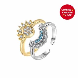 Conjunto De Anéis De Empilhamento De Sol E Lua Para Mulheres , Design Aberto Ajustável Com Detalhes De Cristal