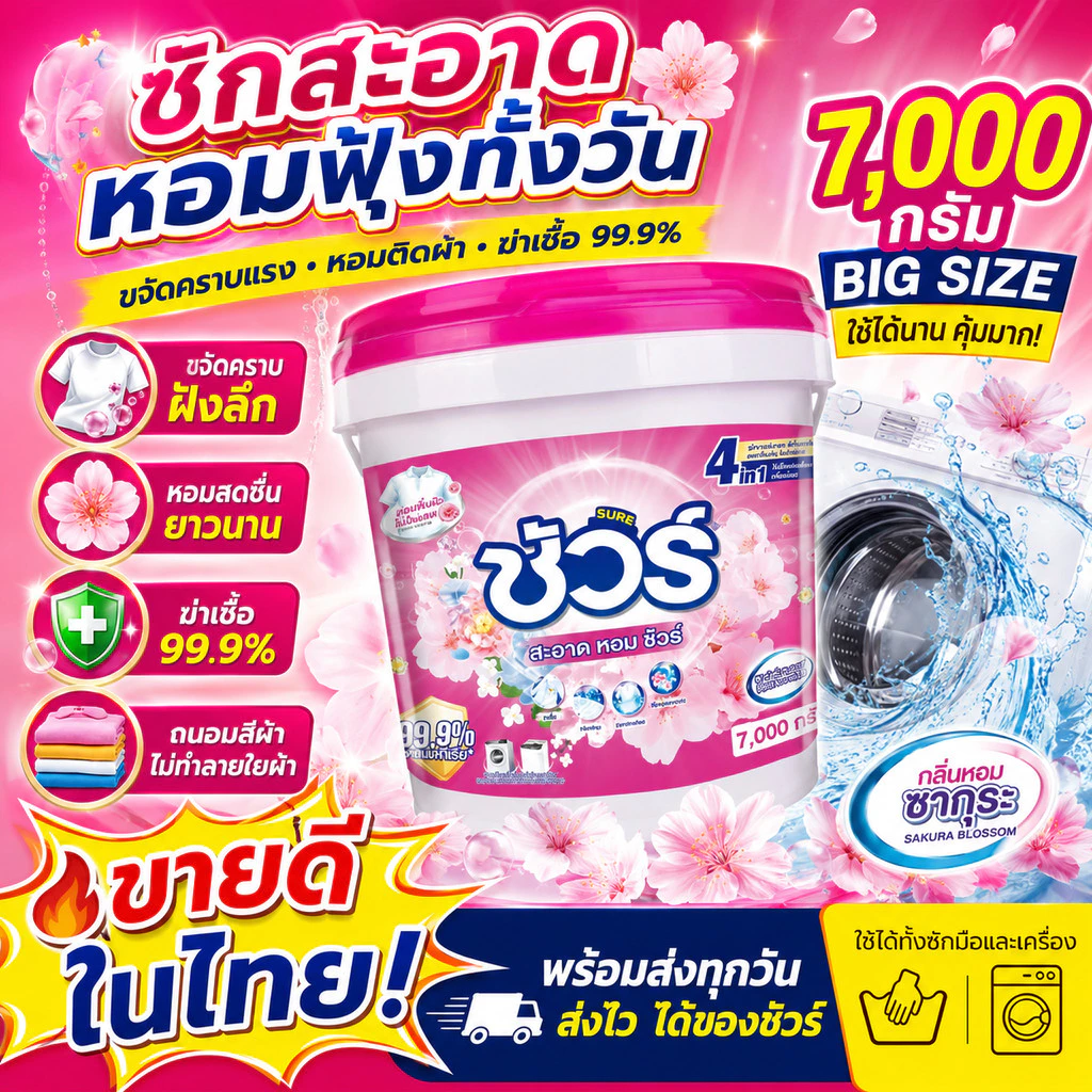 SURE THAILAND 4in1 ผงซักฟอก ชัวร์ 7kg ฆ่าเชื้อ 99.9%➕ขจัดคราบสกปรก➕ ป้องกันการตกสีห➕อมสดชื่น 72 ชั่วโมง