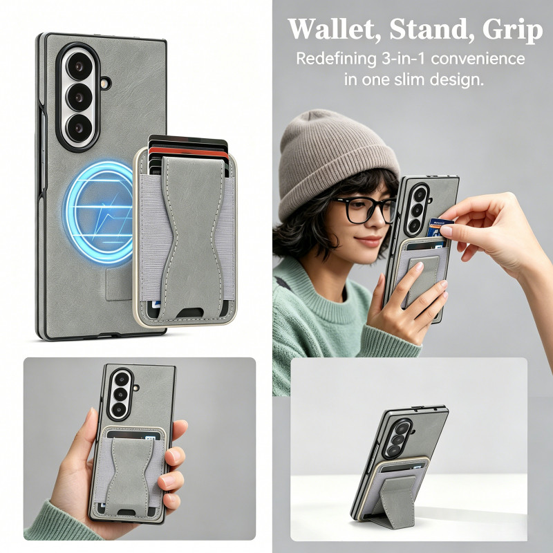 เคสกระเป๋าสตางค์แม่เหล็กสําหรับ Samsung Galaxy Z Fold 7, 3-in-1 Card Holder Stand & Grip กันกระแทกฝาครอบป้องกัน