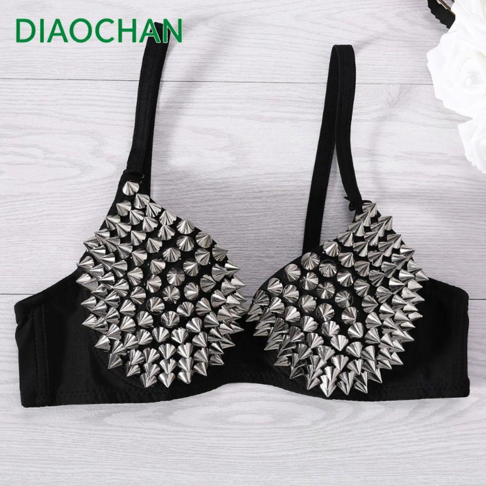 DICHATH Rave Bralette ชุดชั้นใน, Silver Rivets Top ผู้หญิง Bras, แฟชั่น Punk Push Up Gothic Bra ไนท์คลับ Party Bar