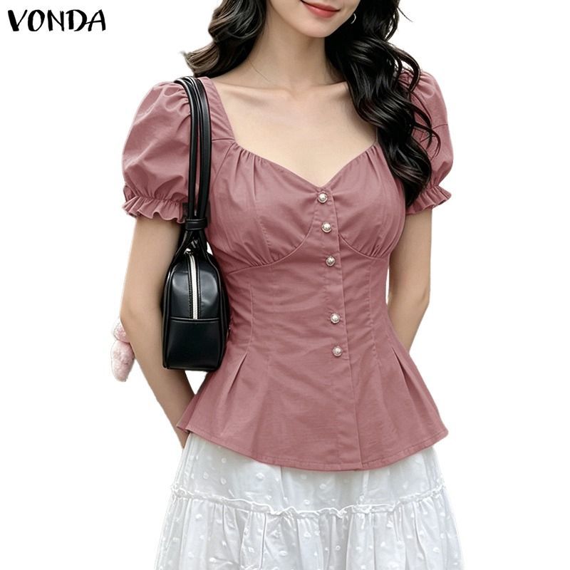 VONDA ผู้หญิงเกาหลี Girly วันที่สไตล์ประณีตสาวทอด้านหน้าปุ่มมุกสแควร์รอบคอสั้นพัฟแขน Ruffle Cuff เอว Slim ติดตั้ง X-line เสื้อ