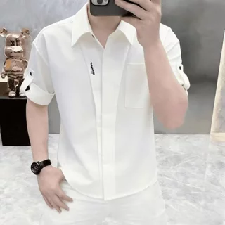 ฤดูร้อนผ้าฝ้ายปกแขนสั้นเสื้อกลางผู้ชายที่เรียบง่ายอเมริกันย้อนยุคทุกการแข่งขันสบายๆสามไตรมาสแขนเสื้อโดยรวมเสื้อ