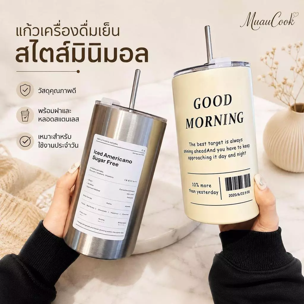 แก้วเก็บอุณหภูมิ 600ml แก้วกาแฟสแตนเลส พร้อมฝาปิดและหลอด เก็บร้อนเย็น พกพาง่าย ใส่กาแฟ ชา น้ำผลไม้