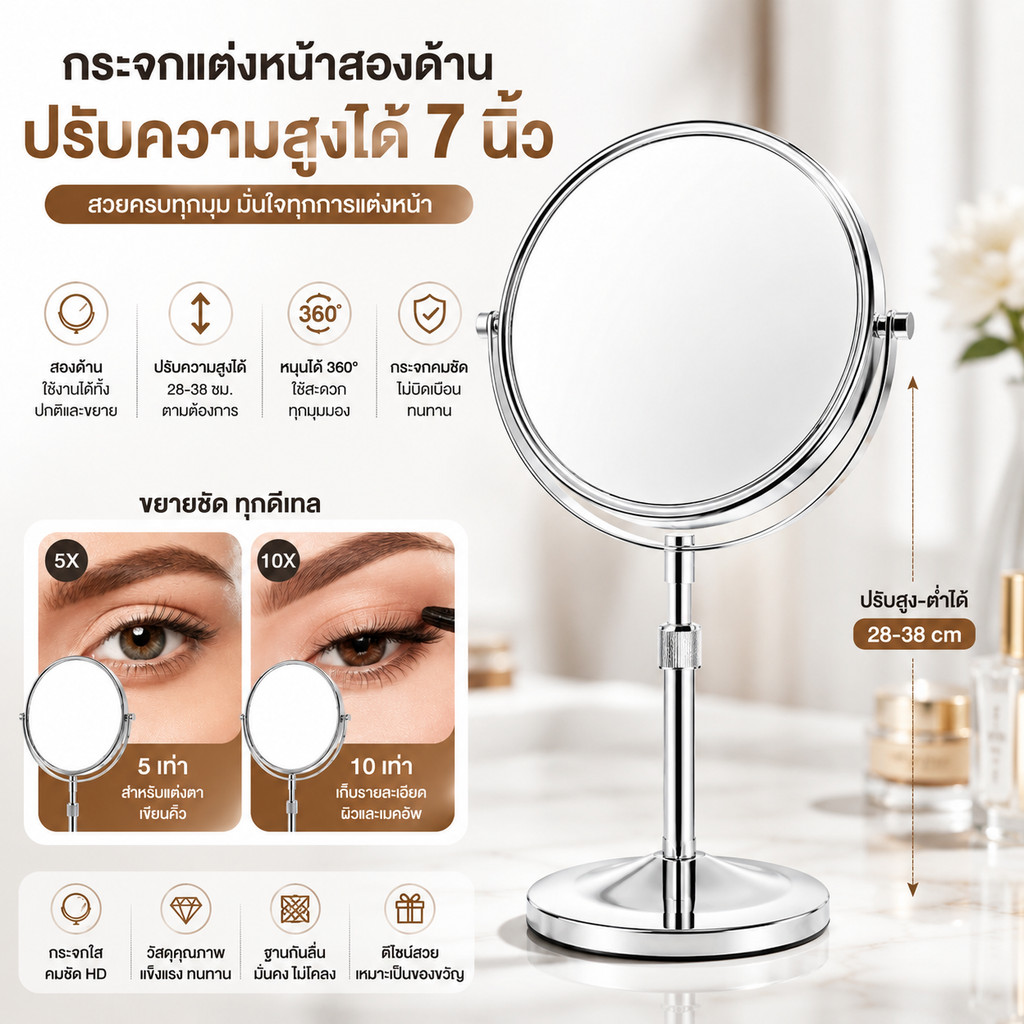 กระจกแต่งหน้าขยาย 5 เท่า 10 เท่า ตั้งโต๊ะ ปรับสูงได้ มีไฟ LED สำหรับแต่งหน้า แม่นยำ ส่องชัดทุกมุม