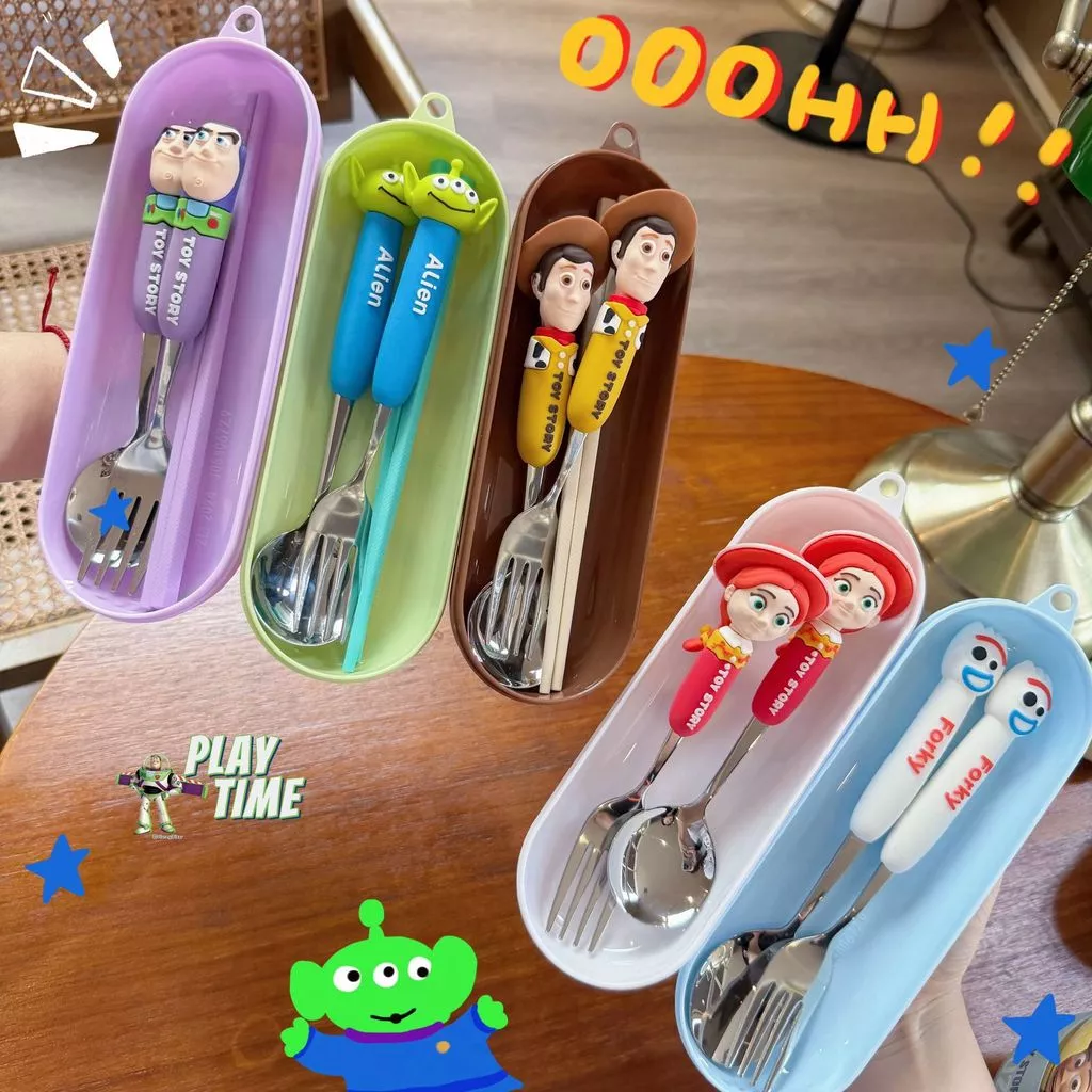 Toy Story การ์ตูนช้อนส้อมสแตนเลส 304 ช้อนส้อมเด็กนักเรียนชุดบนโต๊ะอาหารแบบพกพา MYKE