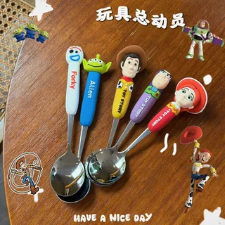 Toy Story การ์ตูนช้อนส้อมสแตนเลส 304 ช้อนส้อมเด็กนักเรียนชุดบนโต๊ะอาหารแบบพกพา MYKE