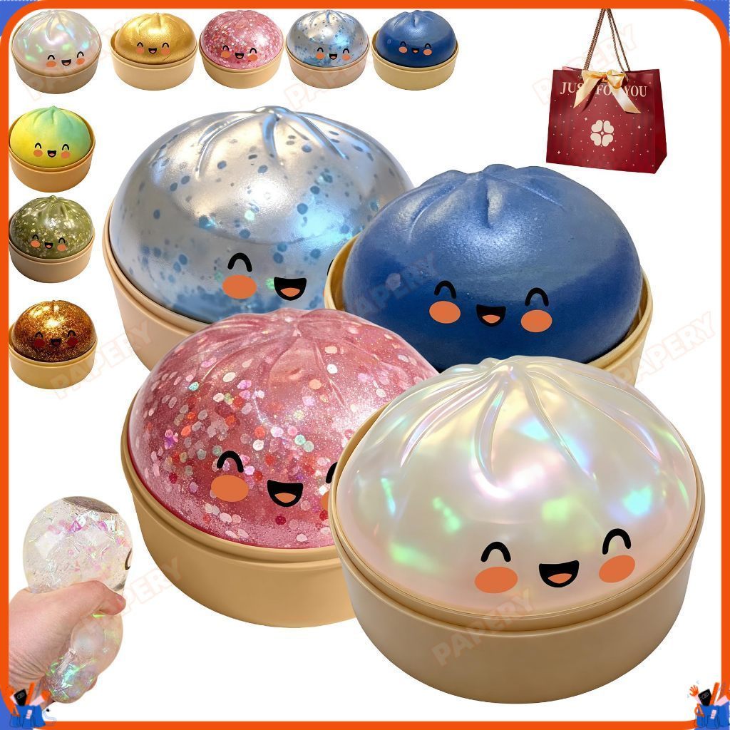 ของเล่นบีบซาลาเปาสีสันสดใส - ตุ๊กตาบีบ - ของเล่นบีบแป้งหยิก - ลูกบอลความเครียดน่ารัก - อาหารจําลอง Squishies Bun พร้อม