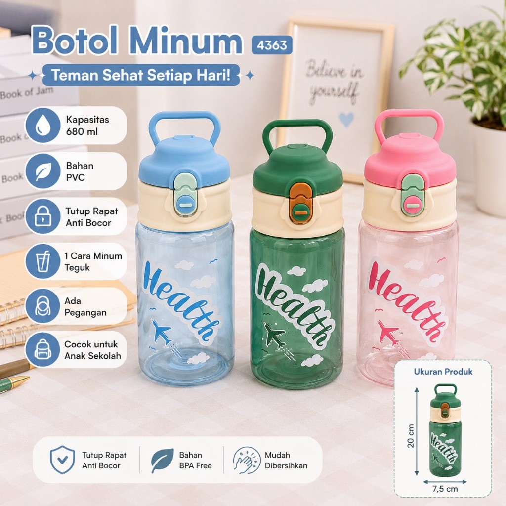 Gudangjam888 ขวดดื่มสําหรับเด็ก 4363 680ml สุขภาพ PVC BPA FREE