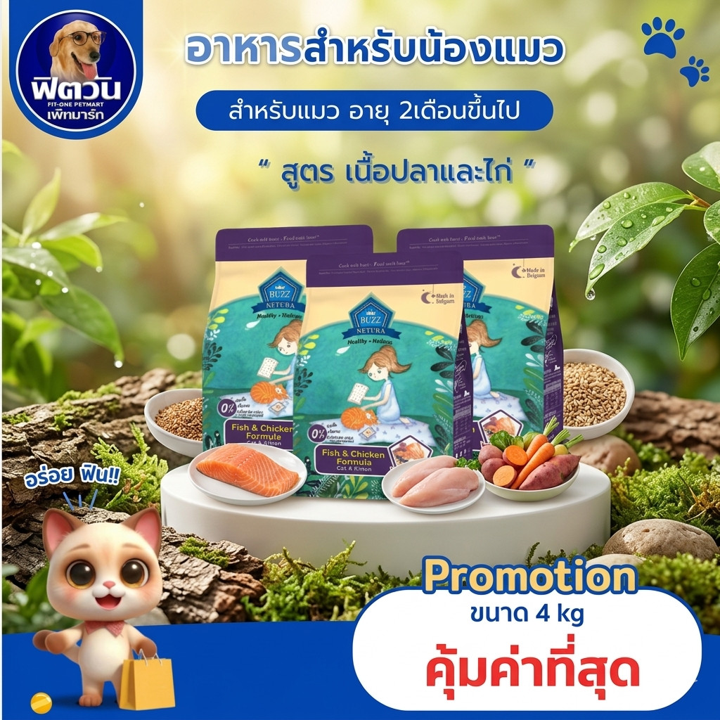 อาหารแมวพรีเมี่ยม BUZZ Netura  สูตรไก่และเนื้อปลา ขนาด 4 kg.