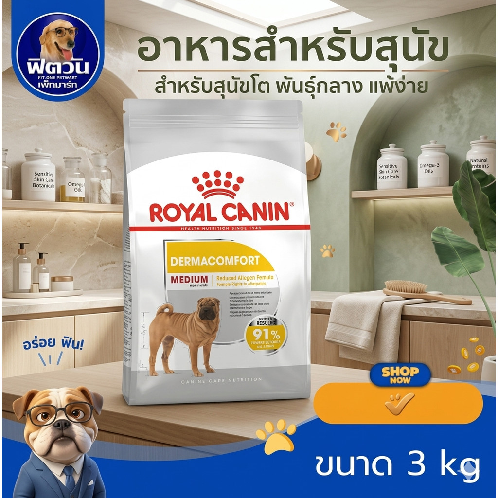 ROYAL CANIN DERMACOMFORT,MEDIUM สุนัข1ปีขึ้นไป พันธ์กลาง ผิวแพ้ง่าย 3 กิโลกรัม{อาหารสุนัขเม็ด}
